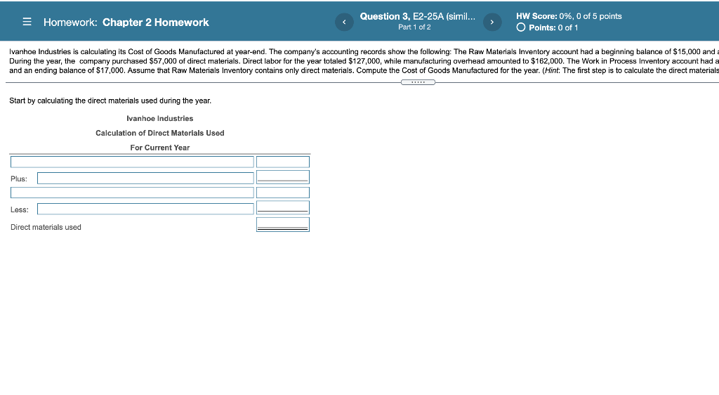  Homework: Chapter 2 Homework Question 3, E2-25A (simil... Part 1 of