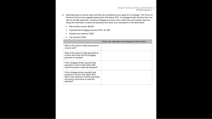  Homes Ronting and Buying Workaheet P/100 Version 1 6. Debt paymentsto-income