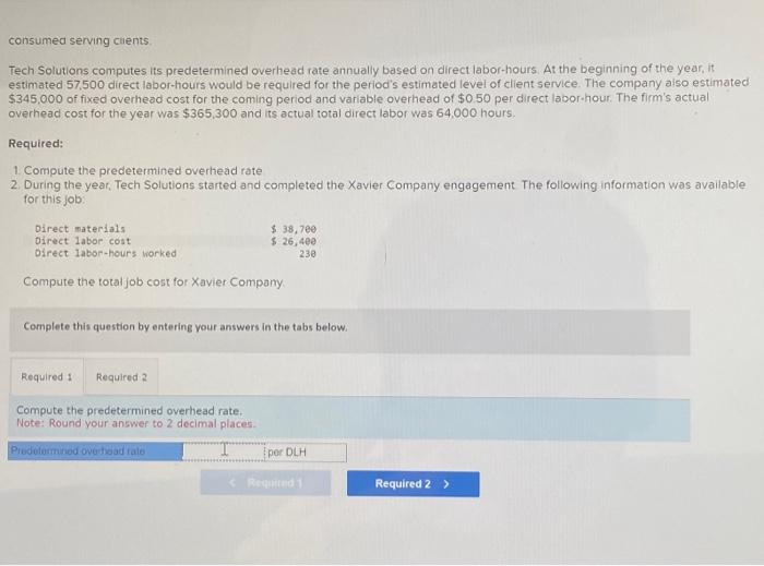  consumed serving cuents. Tech Solutions computes its predetermined overhead rate annually
