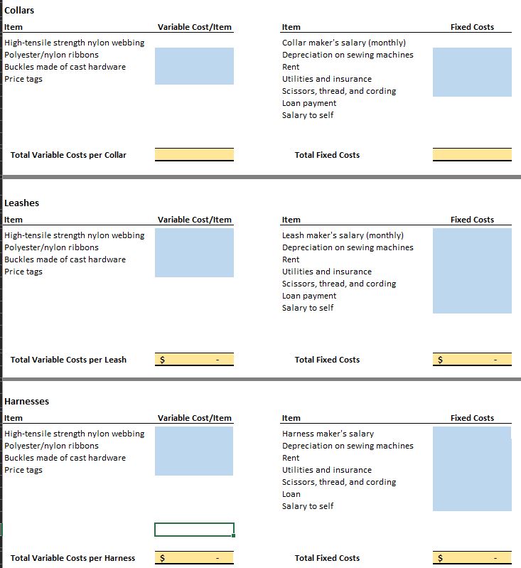 Variable and Fixed Costs. Complete the Variable and Fixed Costs tab of