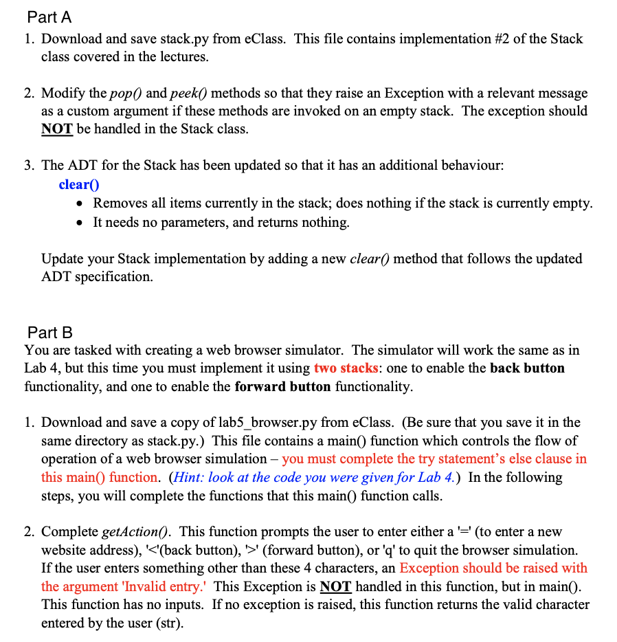 Python Code Sample Output Skeleton Code Stack Class Skeleton code Part A