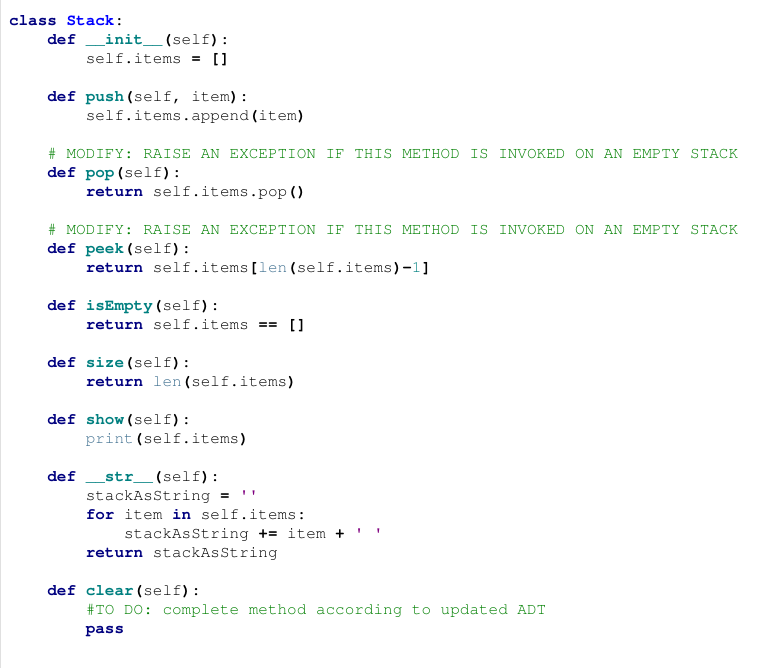 empty stack. The exception should NOT be handled in the Stack class.