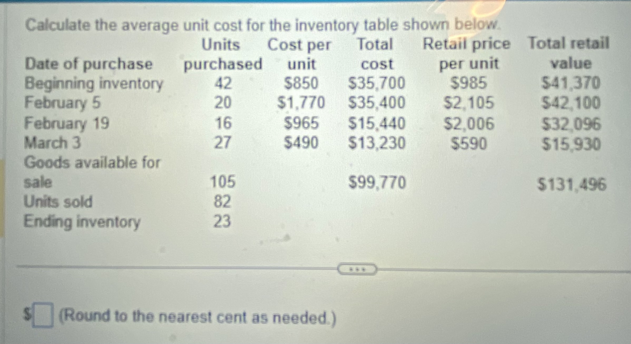 the average unit cost for the inventory table shown belon Units Cost