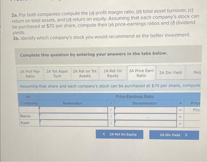 equity. Assuming that each company's stock can be purchased at $70 per