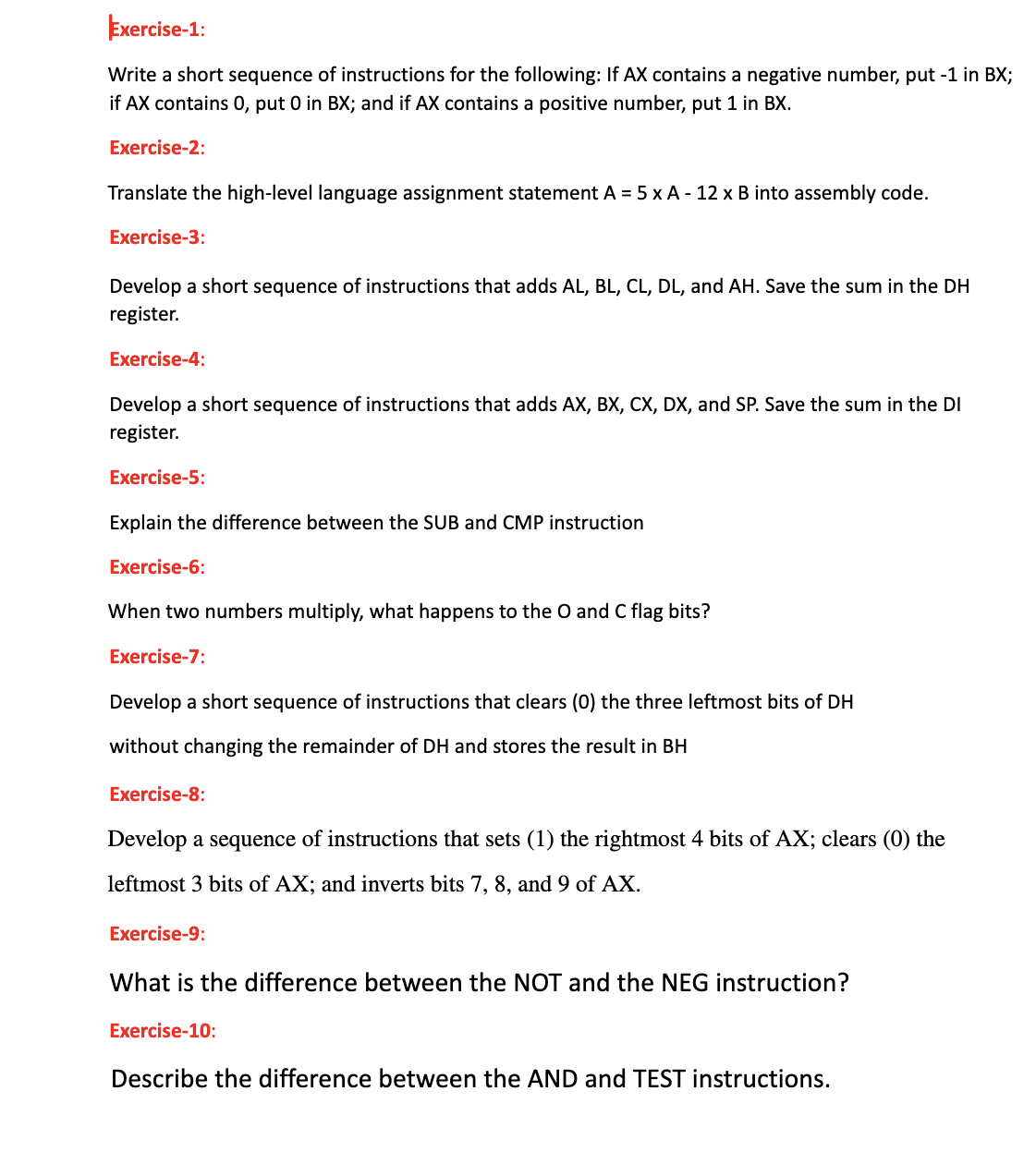  Exercise-1: Write a short sequence of instructions for the following: If