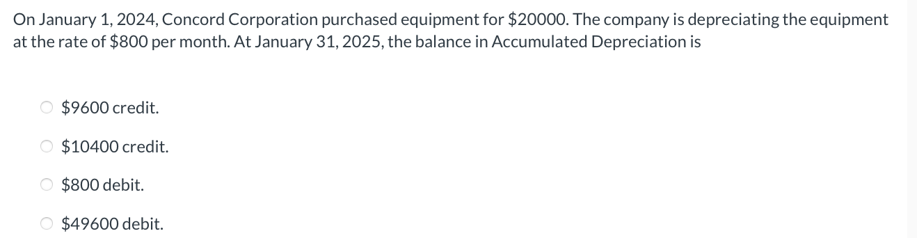  On January 1,2024, Concord Corporation purchased equipment for $20000. The company