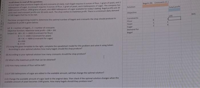 excel Bagels ) Croissants Solution Total profil 5 Objective RS CHE Constraints