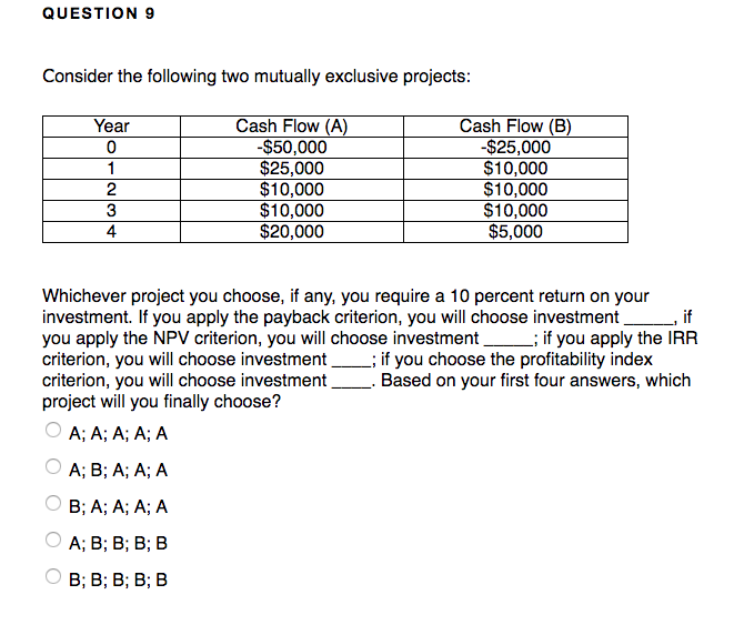  QUESTION 9 Consider the following two mutually exclusive projects Cash Flow