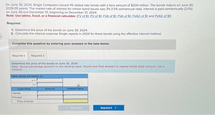  On June 30,2024 , Single Computers issued 4% stated rate bonds