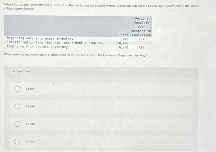  Kalyan Corporation uses the first-in, first-out method in its process costing