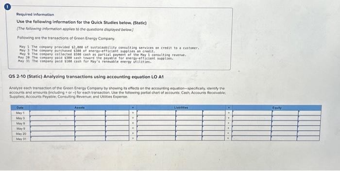  Required information Use the following information for the Quick Studies below.