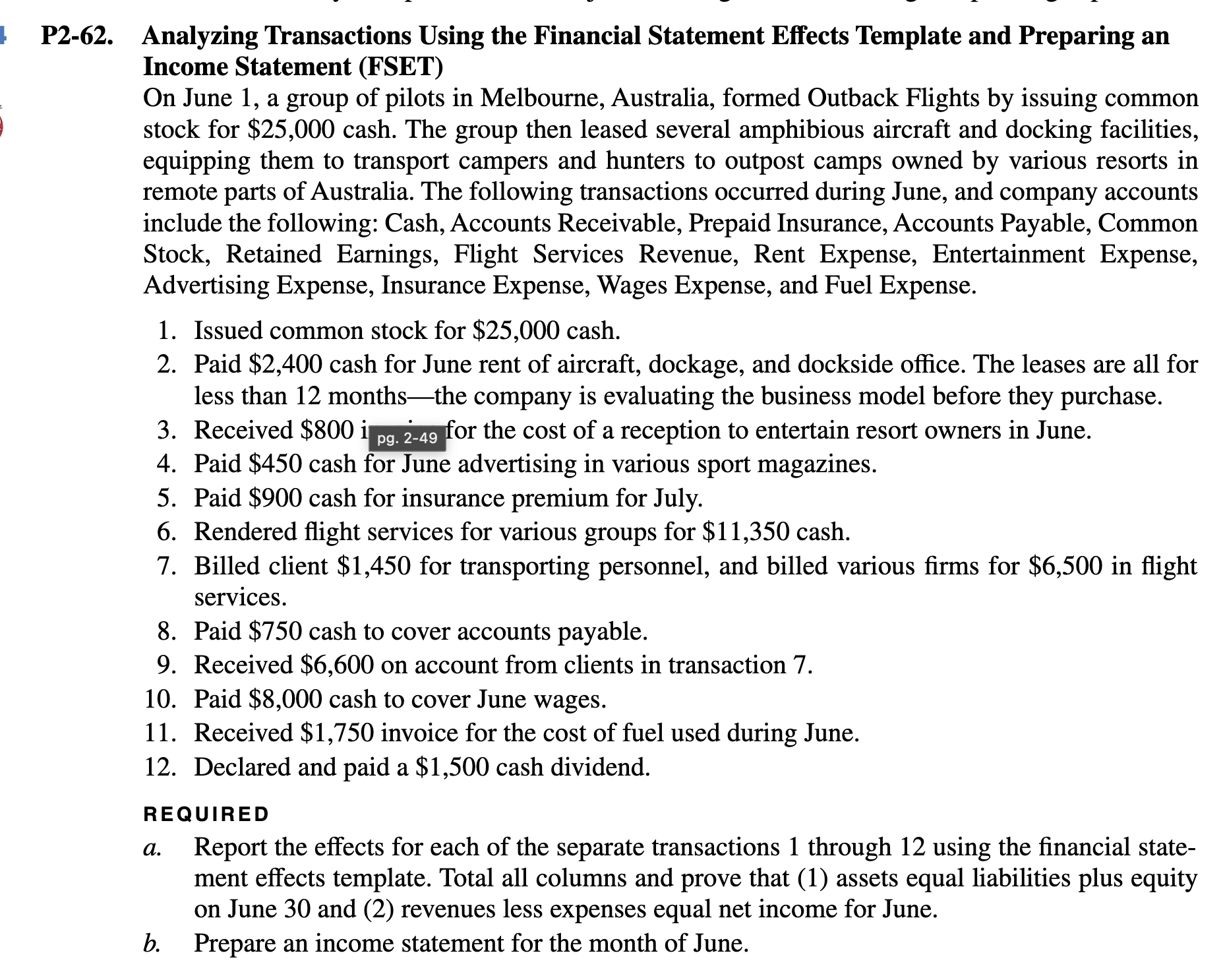  P2-62. Analyzing Transactions Using the Financial Statement Effects Template and Preparing