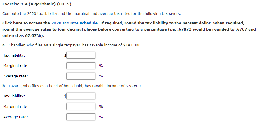 Exercise 9-4 (Algorithmic) (LO. 5) Compute the 2020 tax liability and