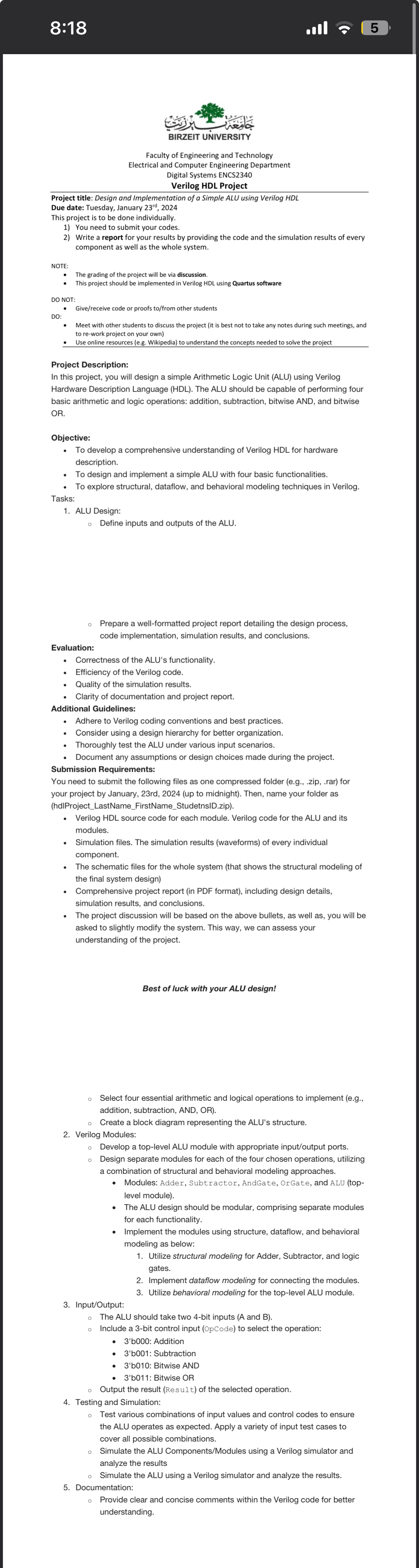 8:18 BIRZEIT UNIVERSITY Faculty of Engineering and Technology Electrical and Computer Engineering