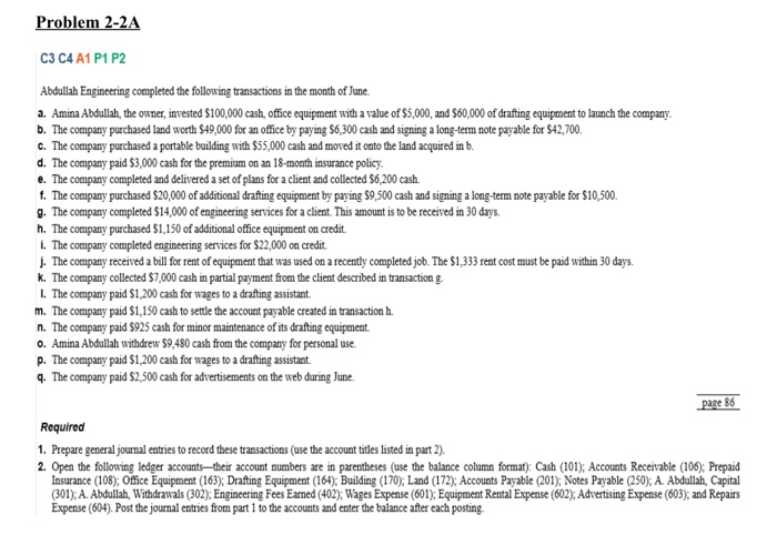  Problem 2-2A C3 C4 A1 P1 P2 Abdullah Engineering completed the