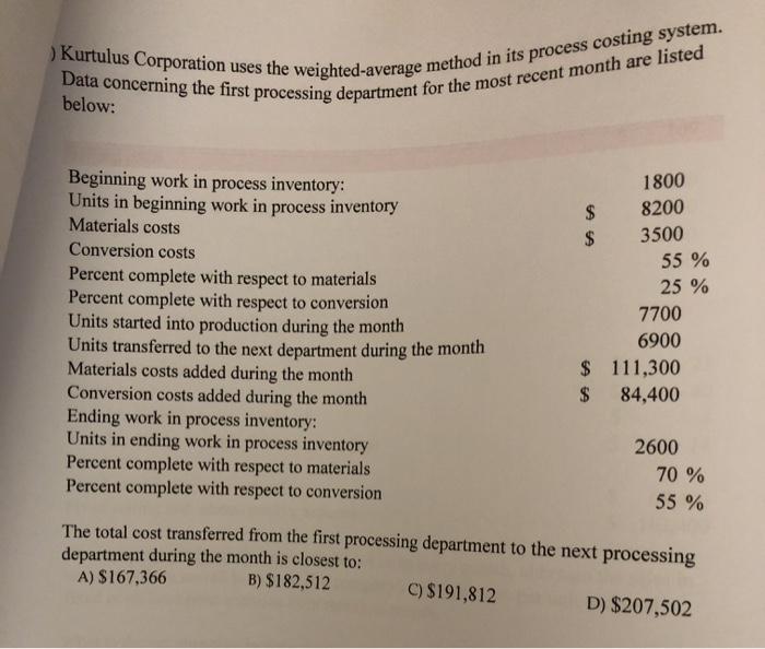  Kurtulus Corporation uses the weightened average method in its process costing