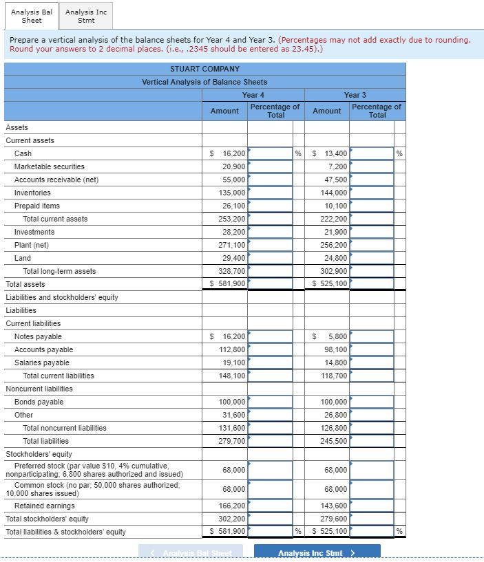  Analysis Bal Sheet Analysis Inc Stmt Prepare a vertical analysis of