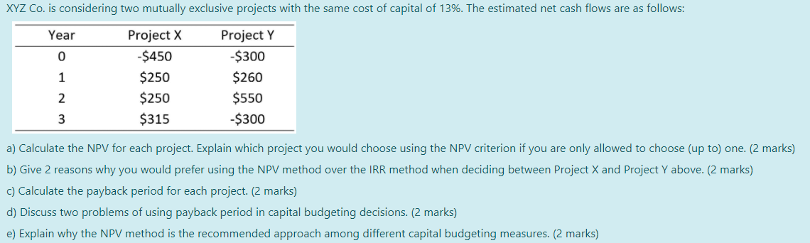  XYZ Co. is considering two mutually exclusive projects with the same