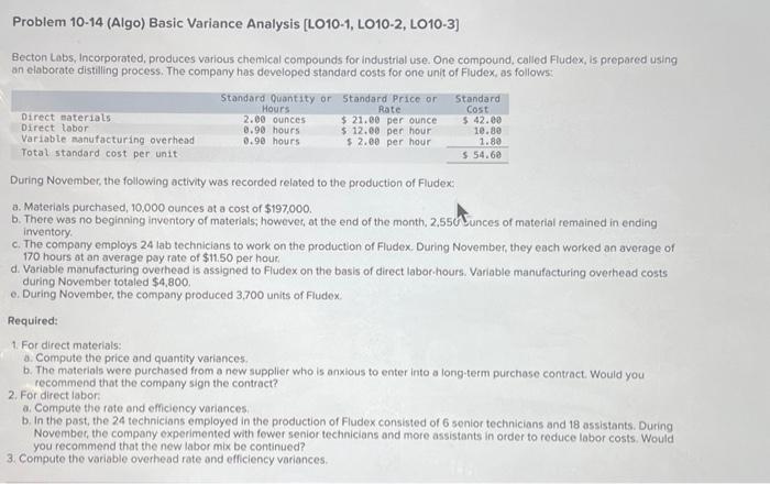  Problem 10-14 (Algo) Basic Variance Analysis [LO10-1, LO10-2, LO10-3] Becton Labs,