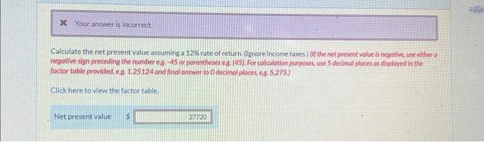 assuming a 12% rate of return (Ignore income taxes). (If the net
