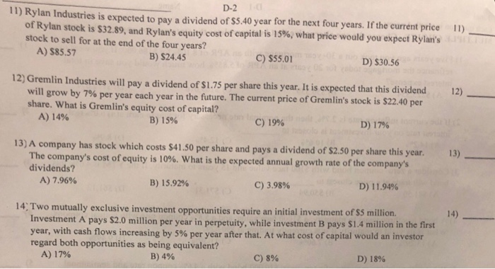  II) D-2 11) Rylan Industries is expected to pay a dividend