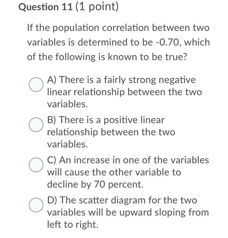  Question 11 (1 point) If the population correlation between two variables