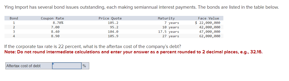  Ying Import has several bond issues outstanding, each making semiannual interest