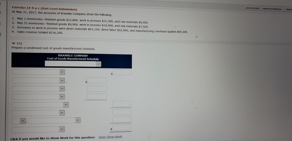  CALCULATOR PRINTER VERSION Exercise 14-9a-c (Part Level Submission) At May 31,