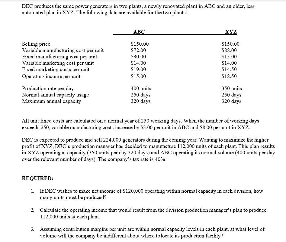  DEC produces the same power generators in two plants, a newly
