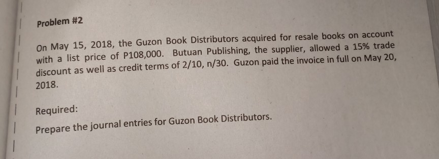  Problem #2 On May 15, 2018, the Guzon Book Distributors acquired