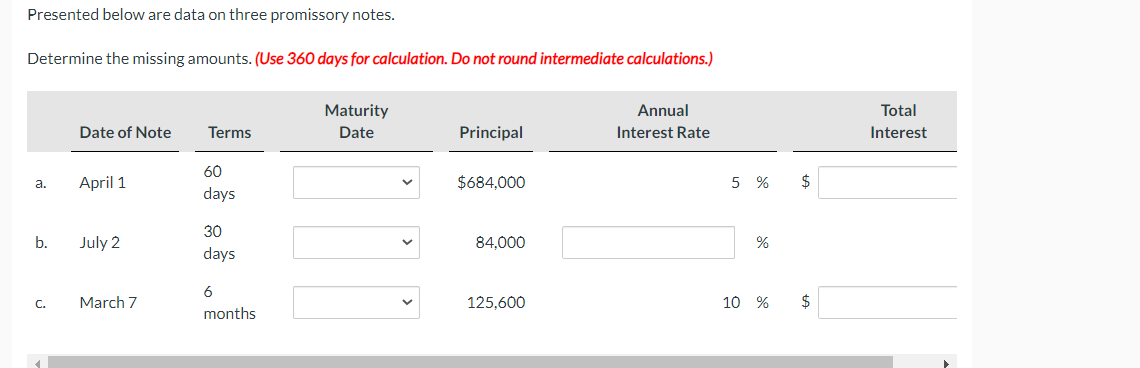 Presented below are data on three promissory notes. Determine the missing