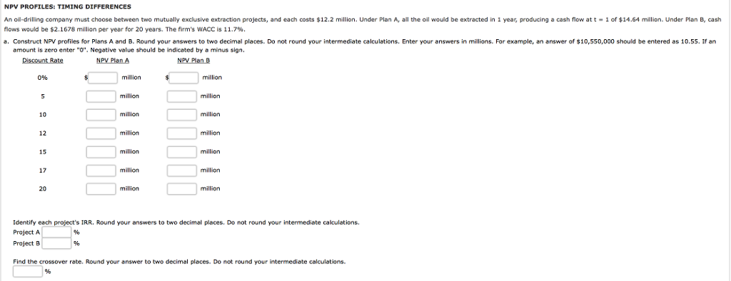 Only Info Provided NPV PROFILES: TIMING DIFFERENCES An oil-drilling company must choose