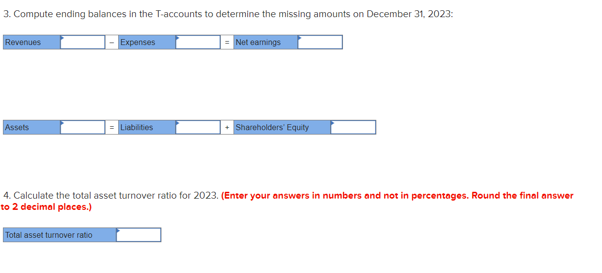 Required: 1. Using the data from these T-accounts, complete the accounting equation