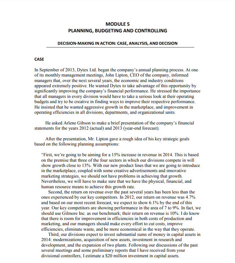MODULE 5 PLANNING, BUDGETING AND CONTROLLING DECISION-MAKING IN ACTION: CASE, ANALYSIS,