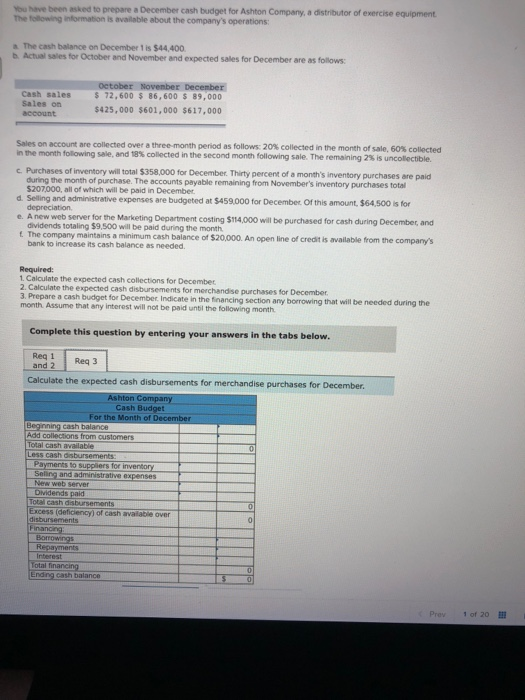 prepare a December cash budget for Ashton Company, a distributor of exercise
