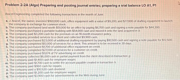  Problem 2-2A (Algo) Preparing and posting journal entries; preparing a trial