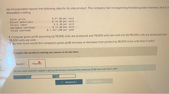 its only product. The company had no beginning finished goods inventory and