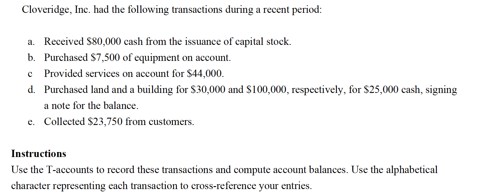 (Notice: Reference transaction code) Cloveridge, Inc. had the following transactions during a