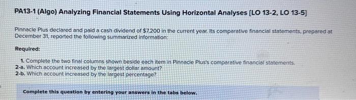  PA13-1 (Algo) Analyzing Financial Statements Using Horizontal Analyses [LO 13-2, LO