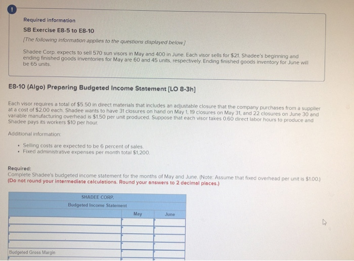 $21. Shadee's beginning and ending finished goods inventories for May are 60