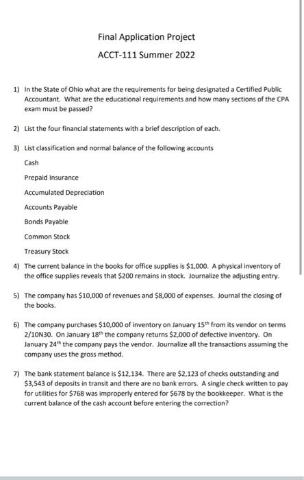  Final Application Project ACCT-111 Summer 2022 1) In the State of