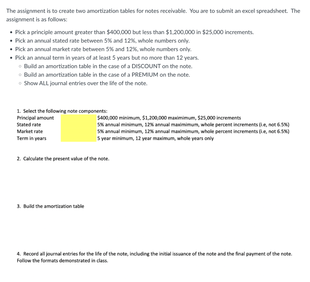 The assignment is to create two amortization tables for notes receivable.