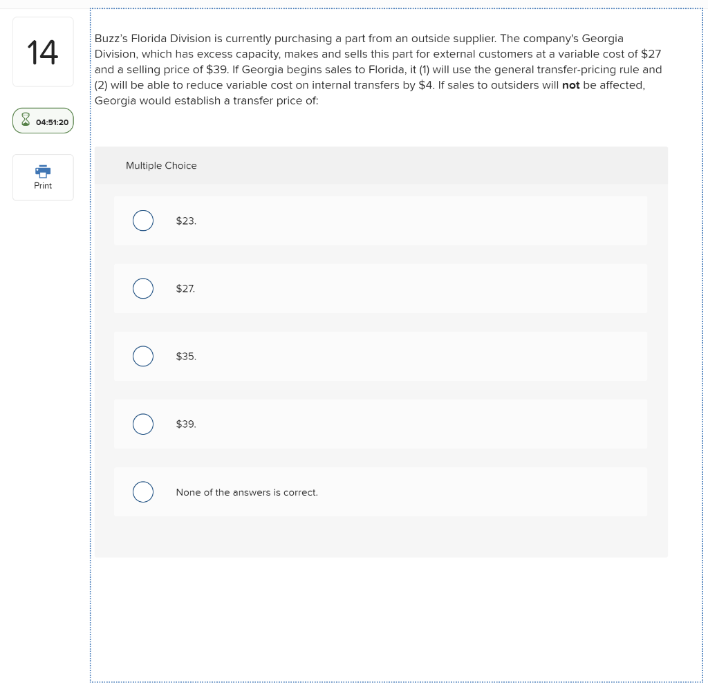 Buzz's Florida Division is currently purchasing a part from an outside