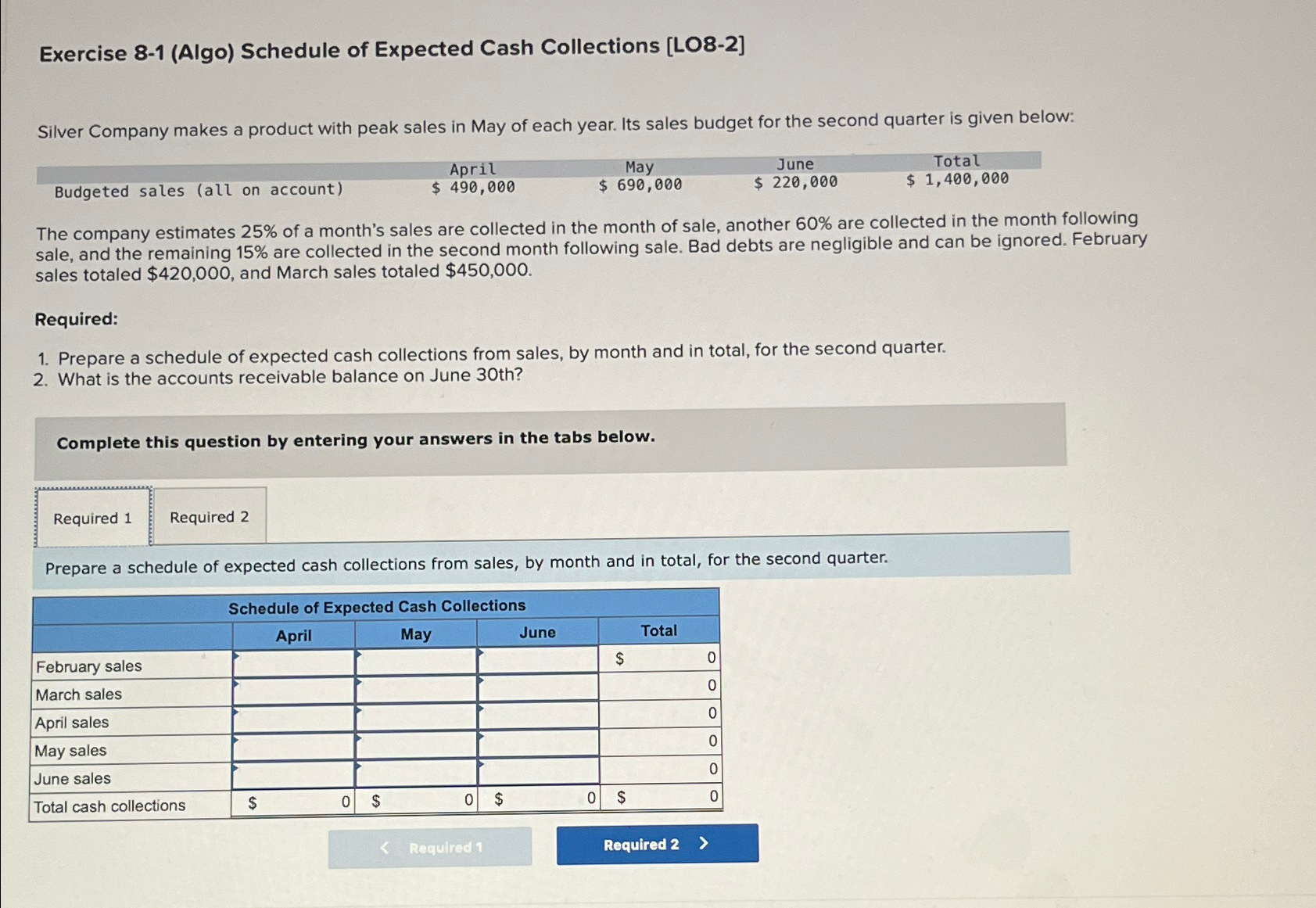  Exercise 8-1(Algo) Schedule of Expected Cash Collections [LO8-2] Silver Company makes