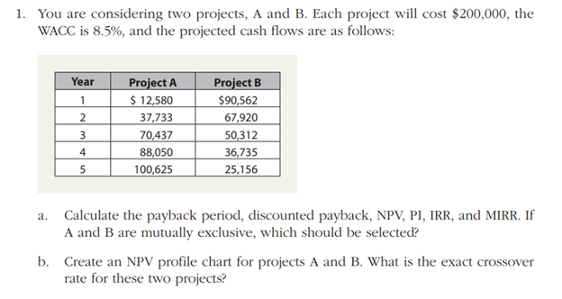  You are considering two projects, A and B. Each project will