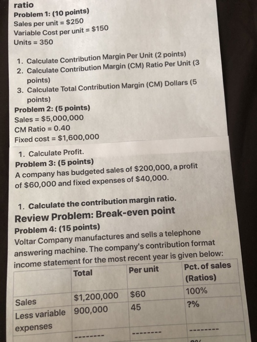  ratio Problem 1: (10 points) Sales per unit = $250 Variable