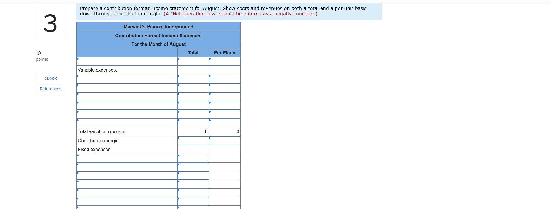 and a per unit basis down through contribution margin. (A "Net operating