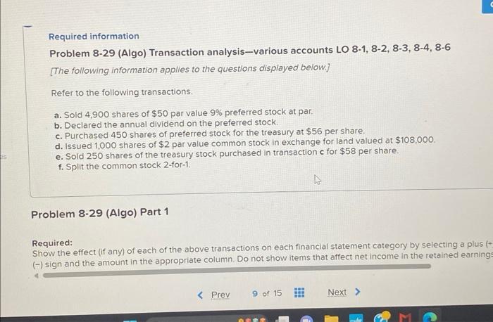 help me solve this please Required information Problem 8-29 (Algo) Transaction analysis-various