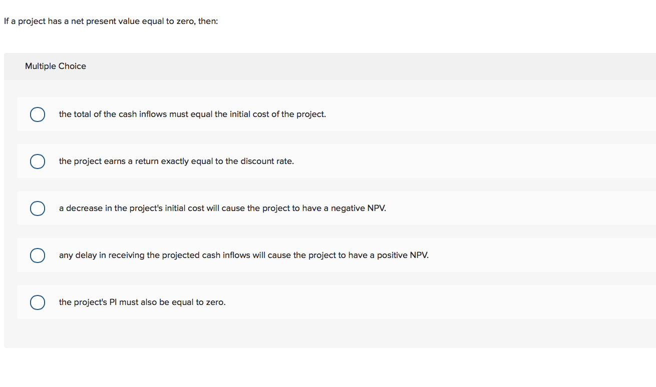  If a project has a net present value equal to zero,