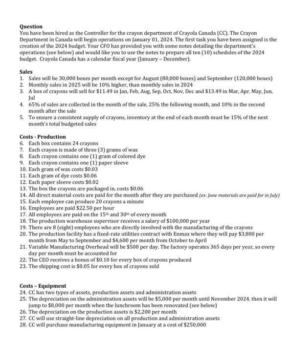  Question You have been hired as the Controller for the crayon